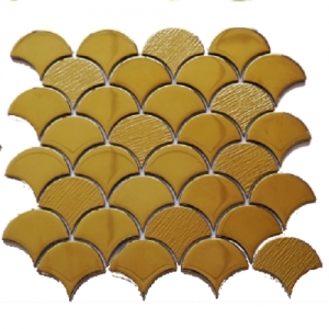 Fan shape golden glass tile electroplated fish scale crystal mosaic tile